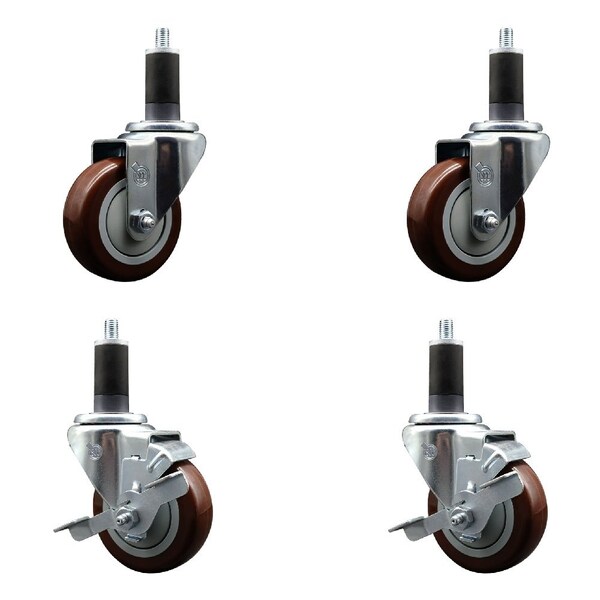 Service Caster 3.5'' Maroon Poly Wheel Swivel 1-1/4'' Expanding Stem Caster Set 2 Brakes, 4PK SCC-EX20S3514-PPUB-MRN-2-TLB-2-114 - main